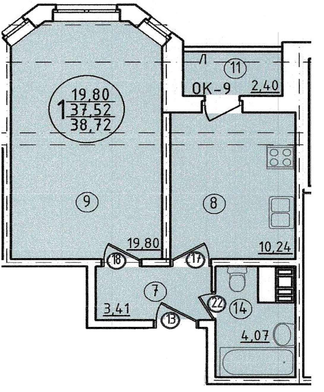 1-комнатная квартира 37,52 м²